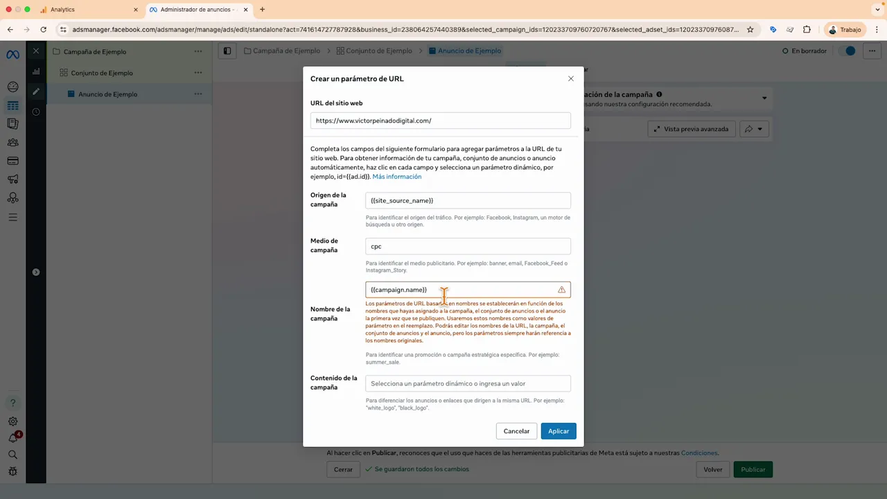 Creación de parámetro de URL en el administrador de anuncios de Meta mostrando UTM dinámicos