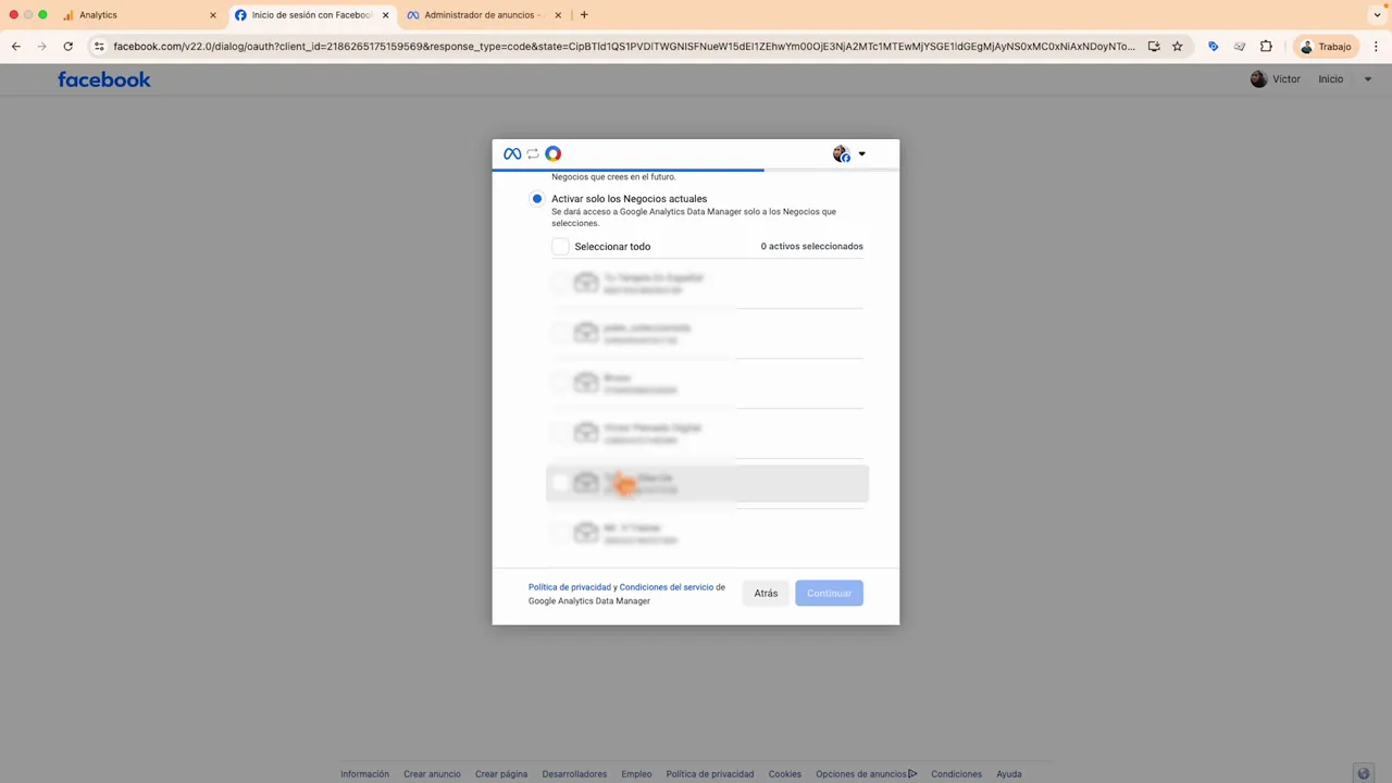 Selección de Meta como fuente de importación en GA4