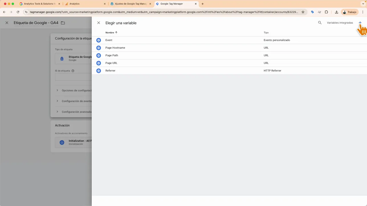 Diálogo 'Elegir una variable' en Google Tag Manager con el cursor señalando el botón '+' para crear una nueva variable constante.