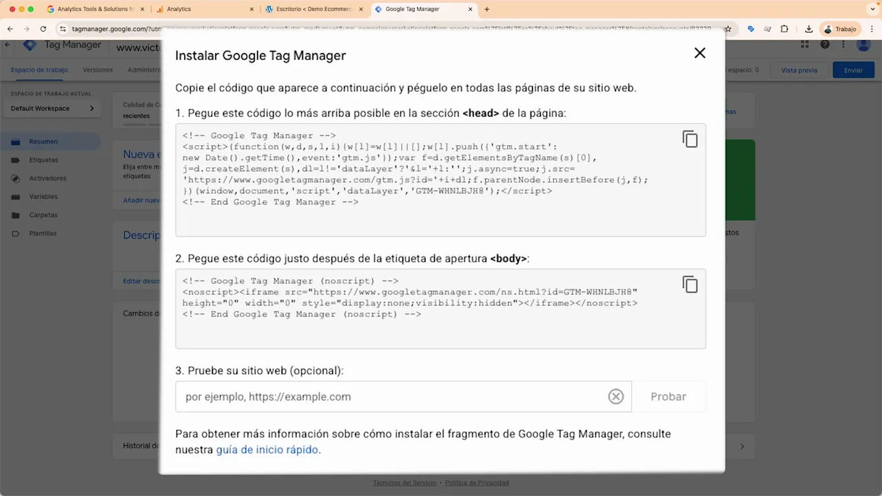 Ventana de instalación de Google Tag Manager con los fragmentos de código para head y noscript