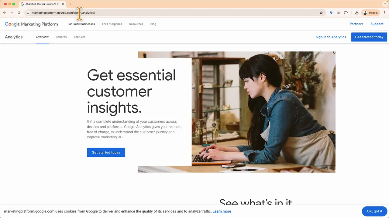 Página de Google Marketing Platform que presenta Google Analytics con el botón 'Get started today' visible