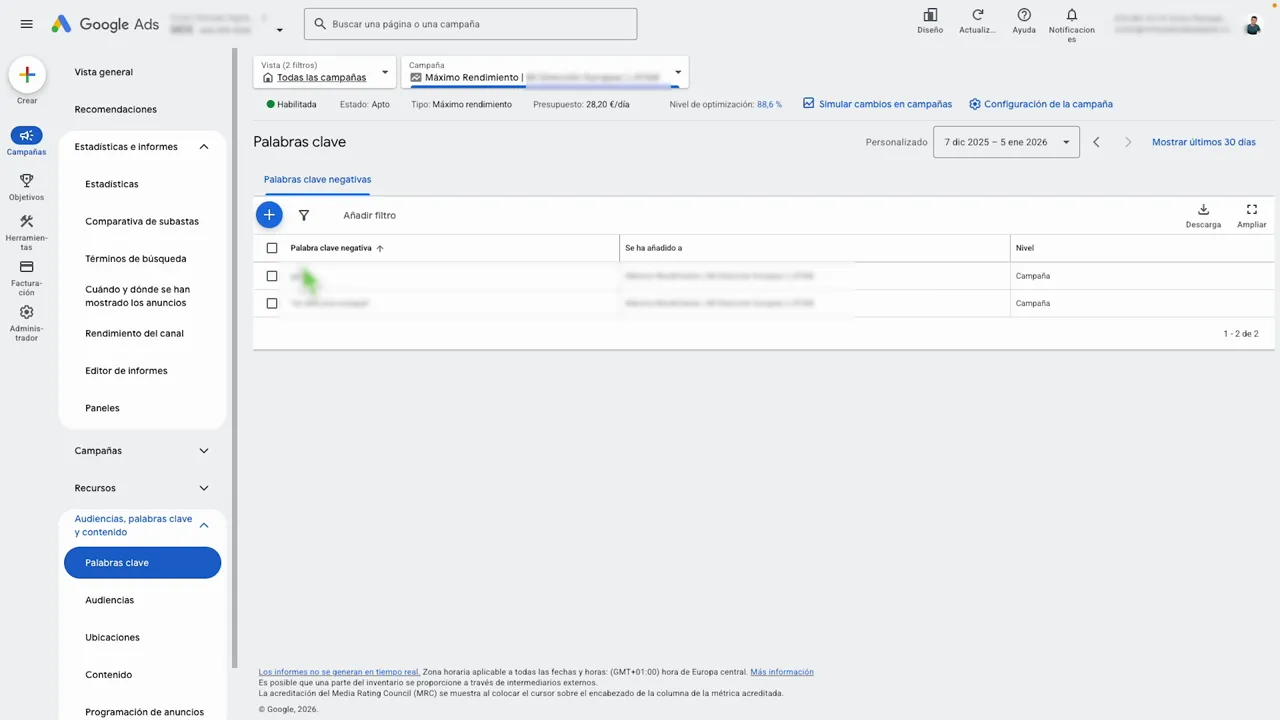 Pantalla Palabras clave Google Ads mostrando lista de palabras clave negativas