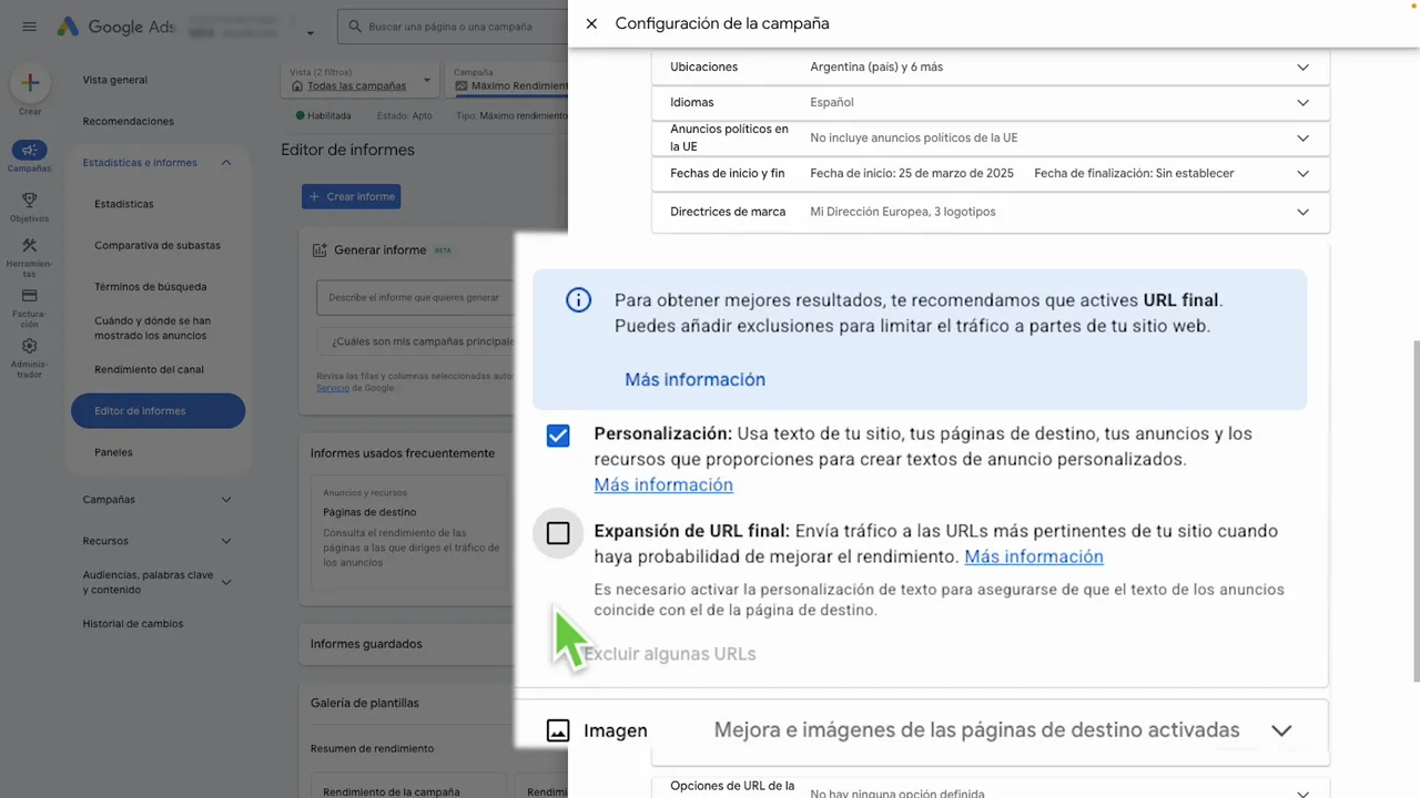 Google Ads configuración con la opción 'Expansión de URL final' desactivada