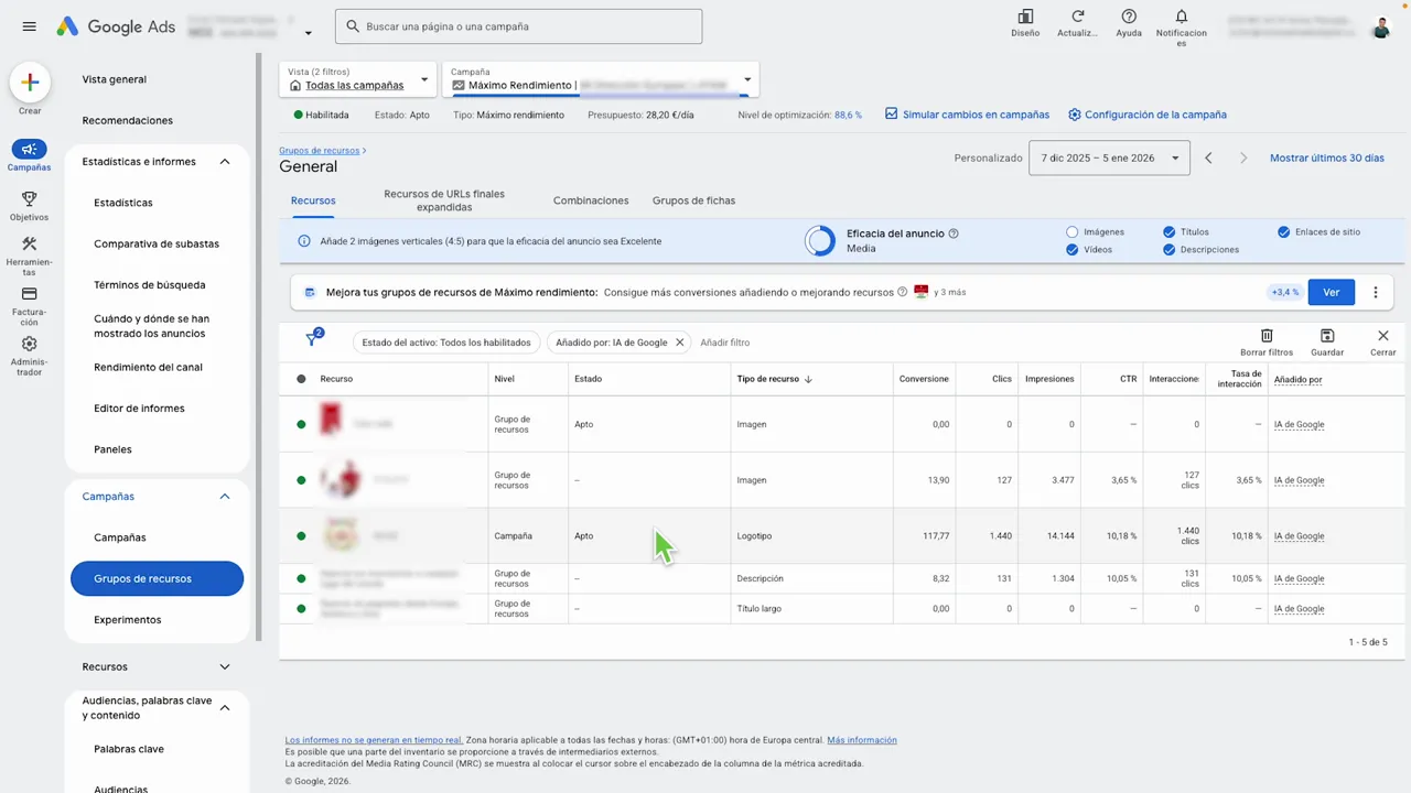 Listado filtrado de recursos añadidos por IA de Google en el grupo de recursos