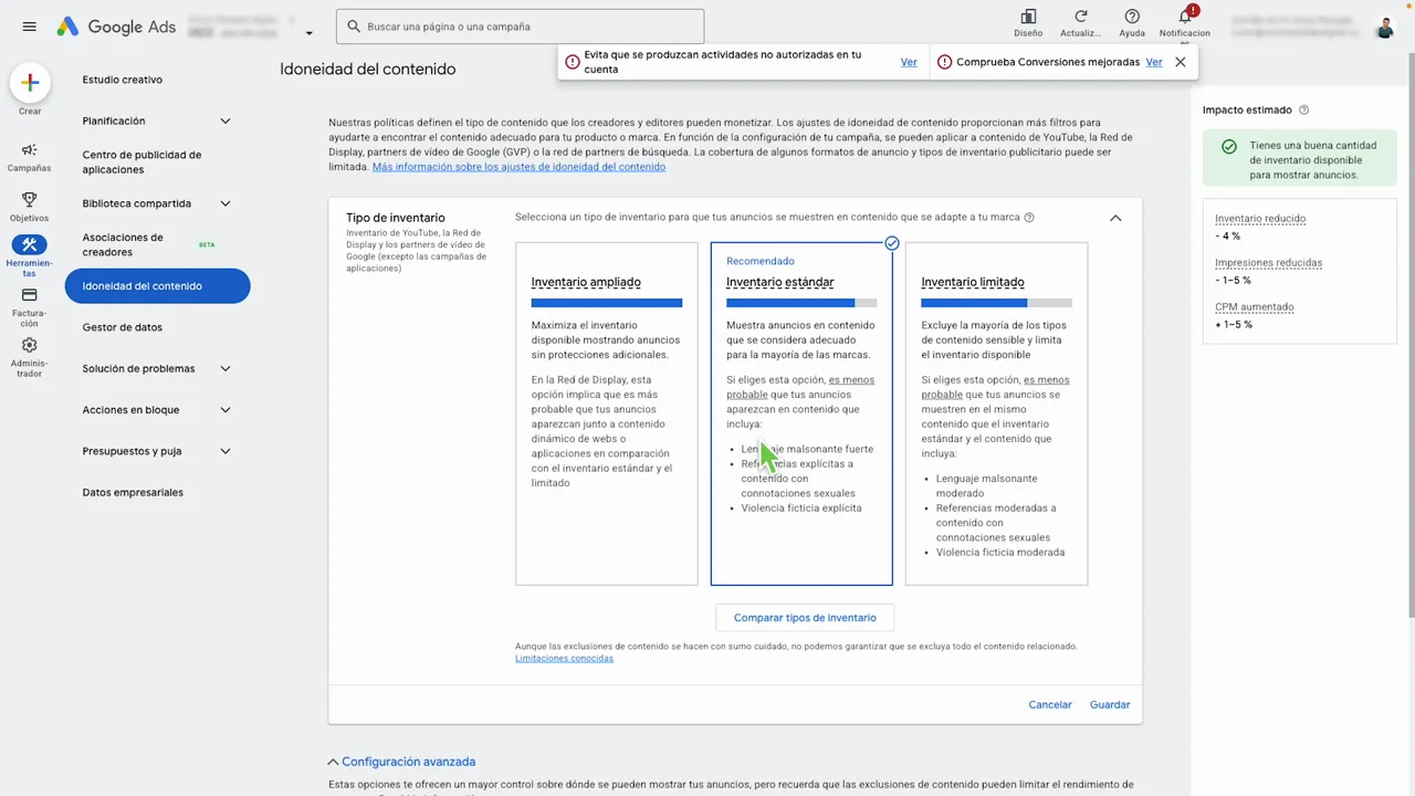 Inventario estándar seleccionado en idoneidad de contenido con estimación de impacto en la columna derecha