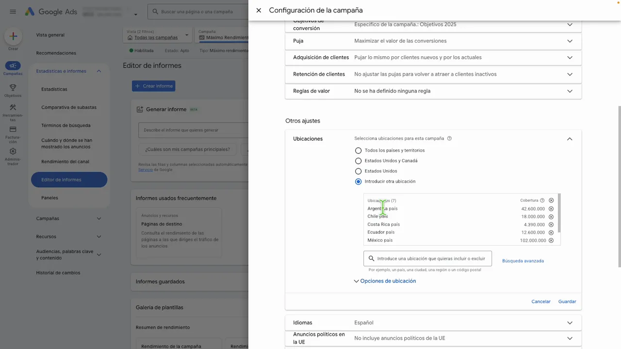 Opciones de ubicaciones en la configuración de campaña de Google Ads mostrando lista de países incluidos