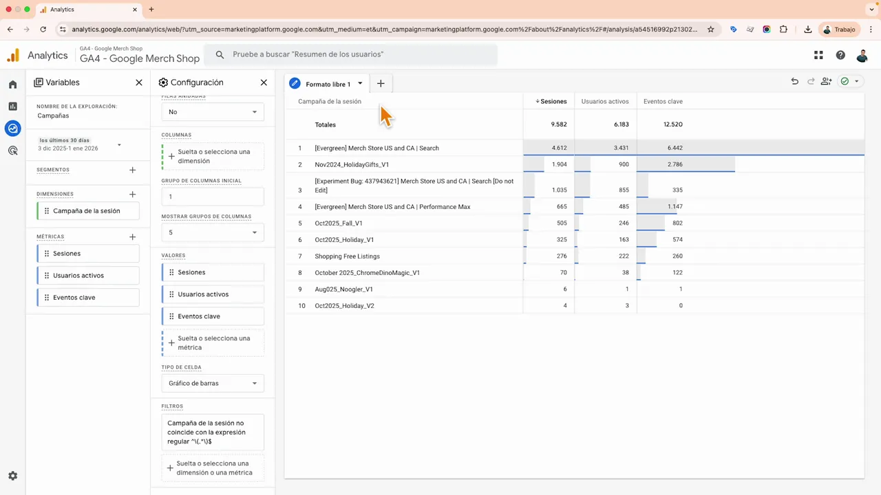 Informe de formato libre en Google Analytics 4 con la tabla de campañas y el panel de filtros indicando la exclusión por expresión regular