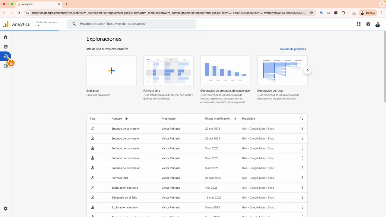 Página de Exploraciones en Google Analytics 4 mostrando plantillas para iniciar una nueva exploración