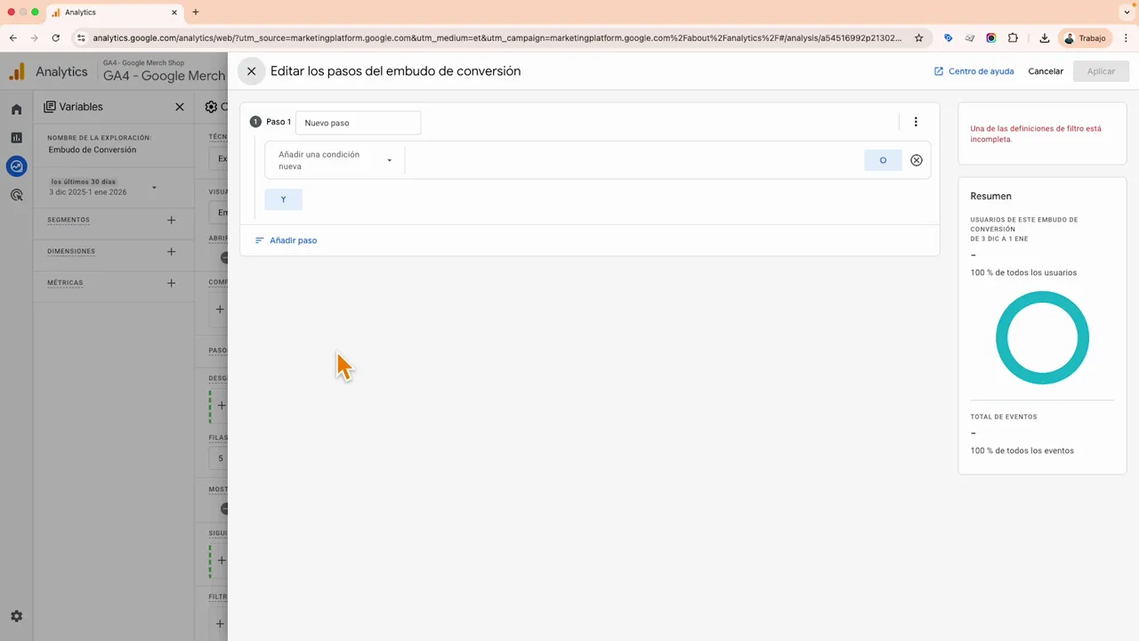 Interfaz de Google Analytics 4 mostrando la pantalla 'Editar los pasos del embudo de conversión' con 'Paso 1' y opción para añadir condición