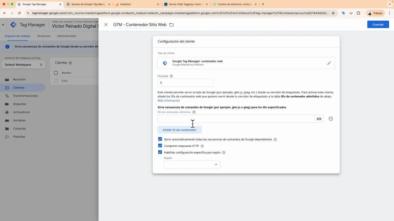 Pantalla en GTM server agregando un cliente de tipo contenedor web y pegando el ID GTM