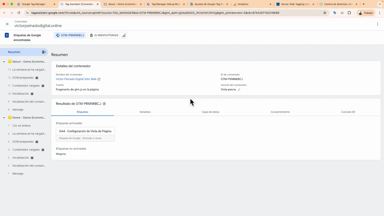 Pantalla de vista previa del contenedor server mostrando eventos entrantes