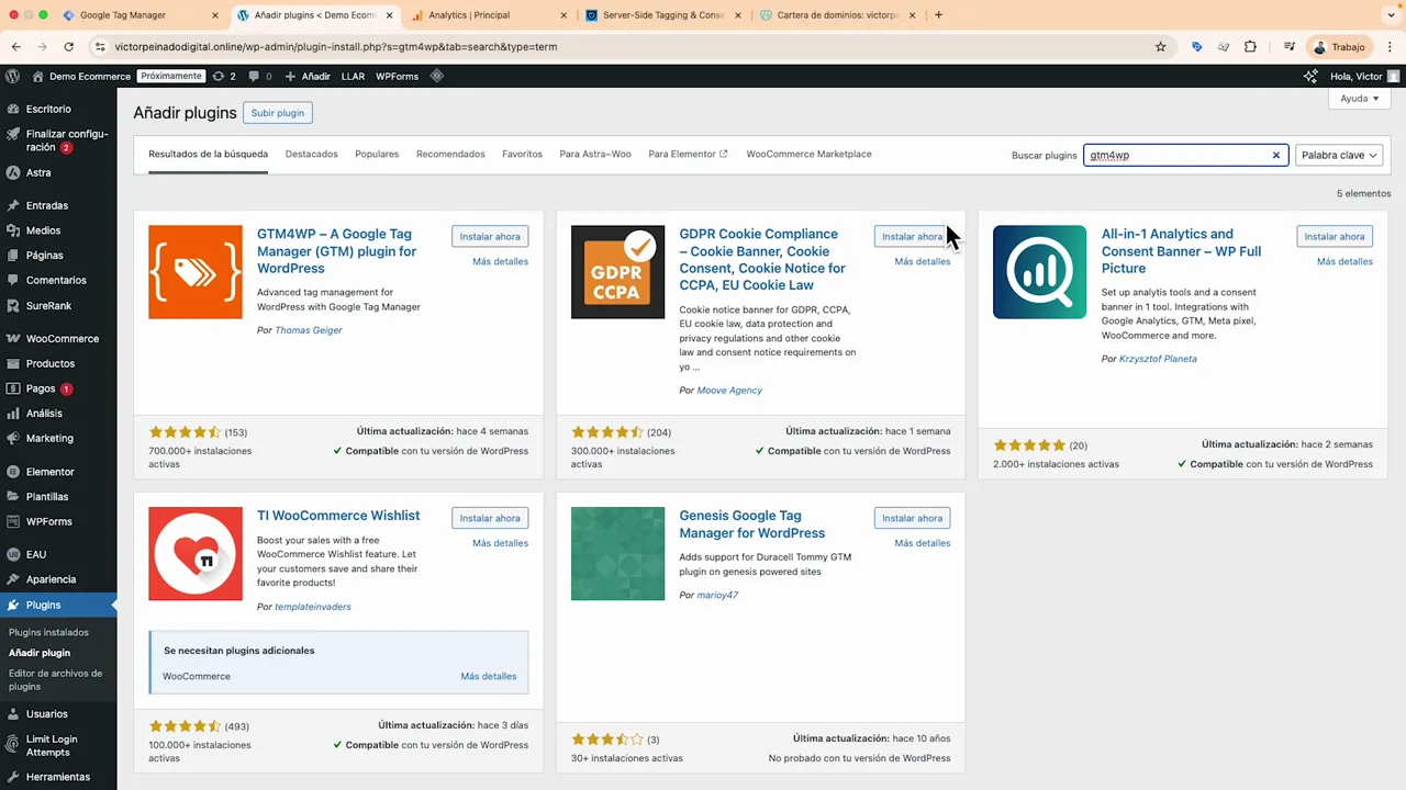 Pantalla de WordPress mostrando la búsqueda e instalación del plugin GTM4WP