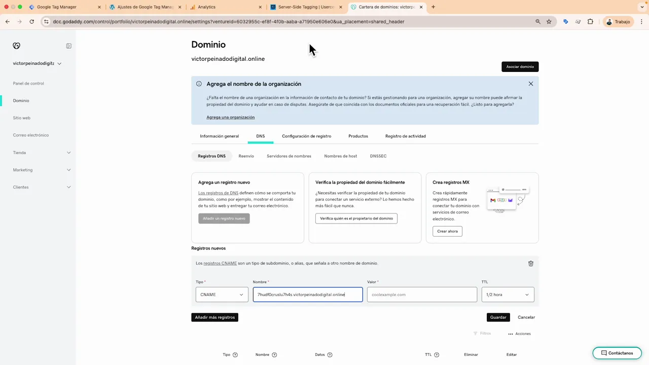 Panel de GoDaddy añadiendo un registro CNAME para el subdominio del servidor