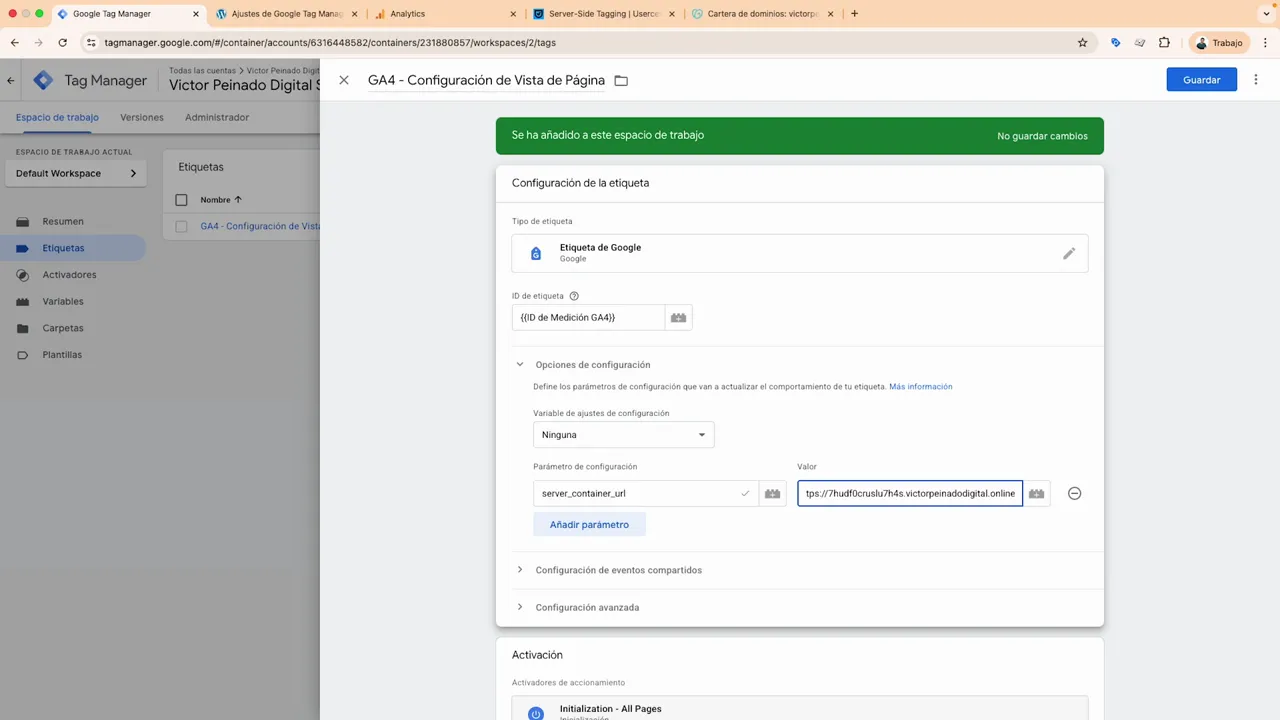 Campo para añadir server-container-url dentro de las opciones de configuración de la etiqueta GA4