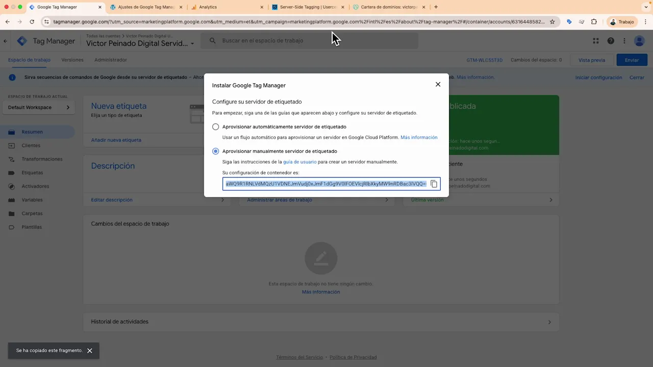 Pantalla de Google Tag Manager creando un contenedor de tipo servidor