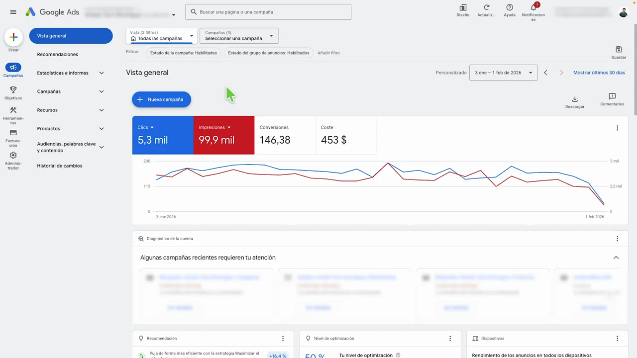 Interfaz de Google Ads mostrando el panel principal con resumen de clics, impresiones y gráfico