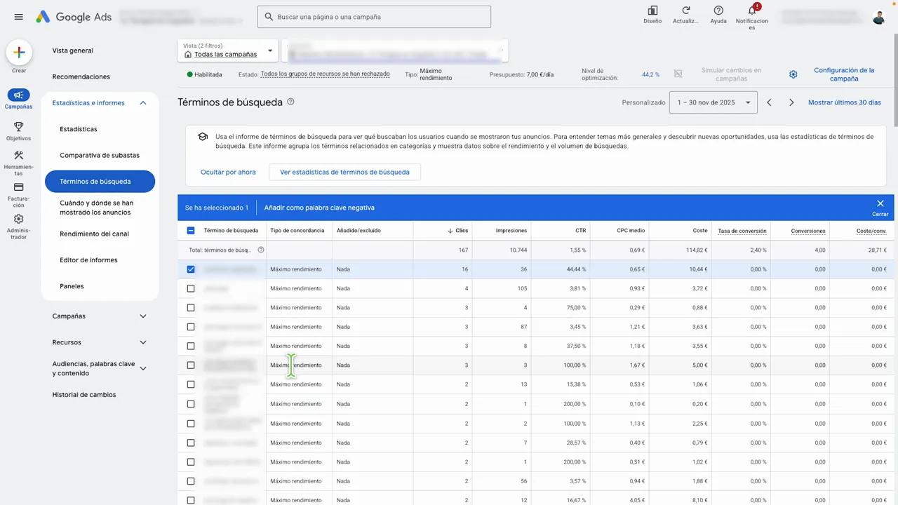 Pantalla de Google Ads mostrando el informe de términos de búsqueda y la opción 'Añadir como palabra clave negativa'