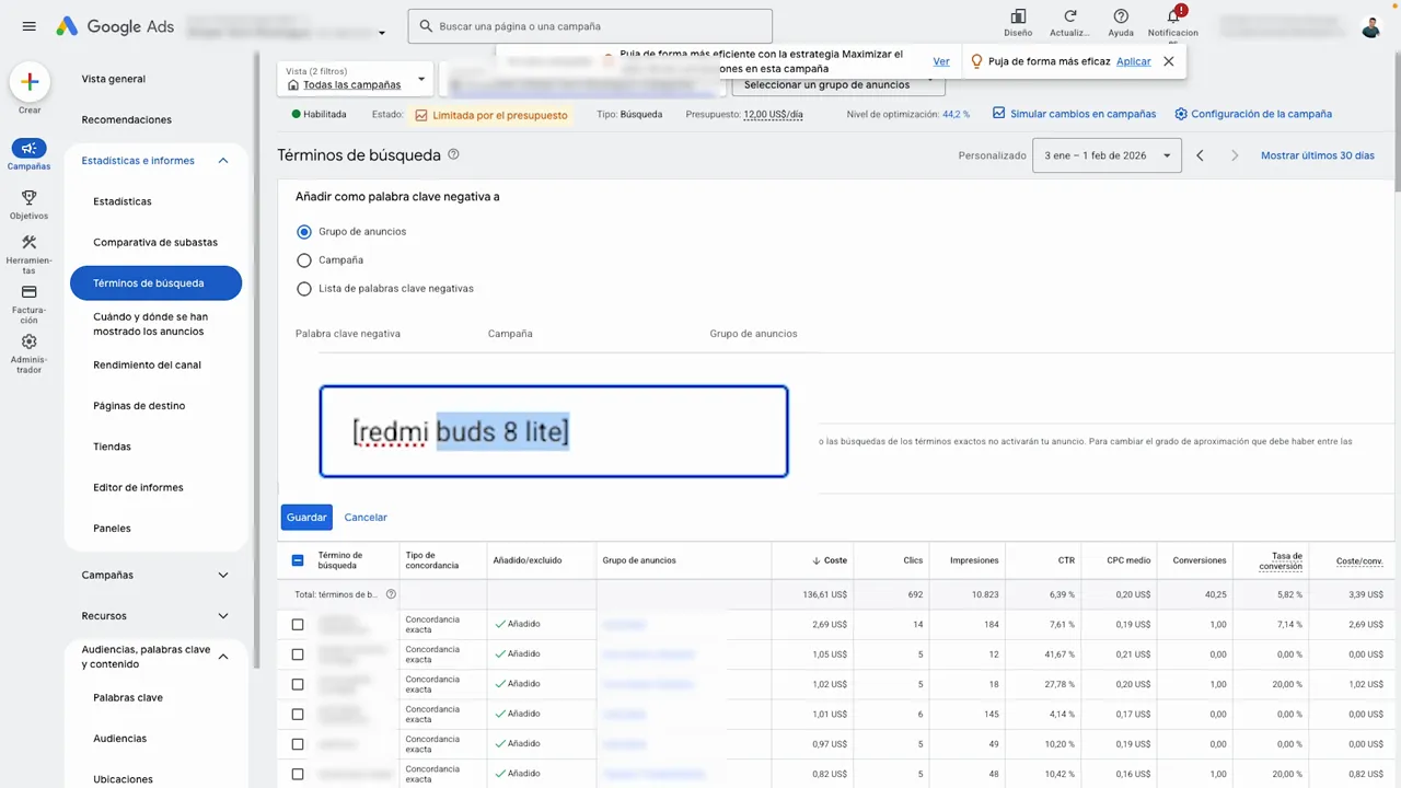 Añadir redmi buds 8 lite como palabra clave negativa en Google Ads (ejemplo visual)