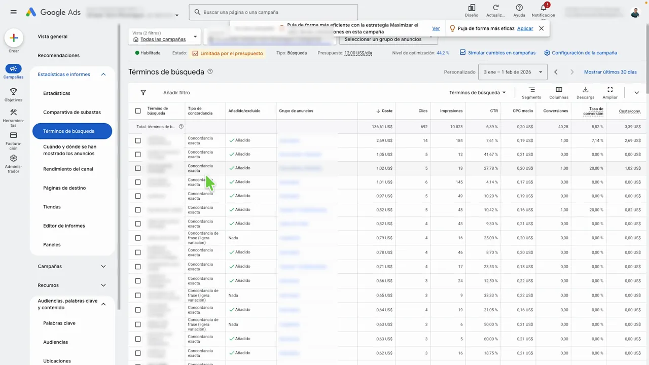 Informe de términos de búsqueda en Google Ads mostrando consultas, tipo de concordancia y la columna 'Añadido/excluido' con métricas.