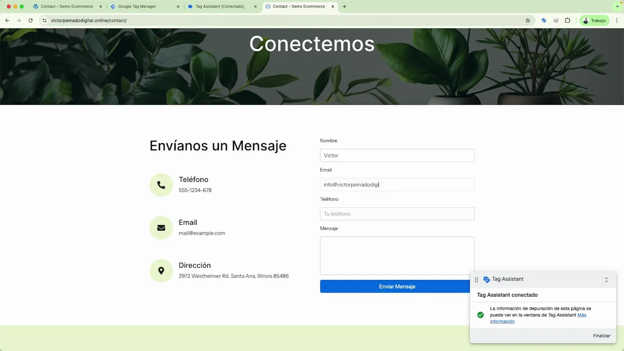 Formulario de contacto con el campo de email completado y la ventana de Tag Assistant conectada