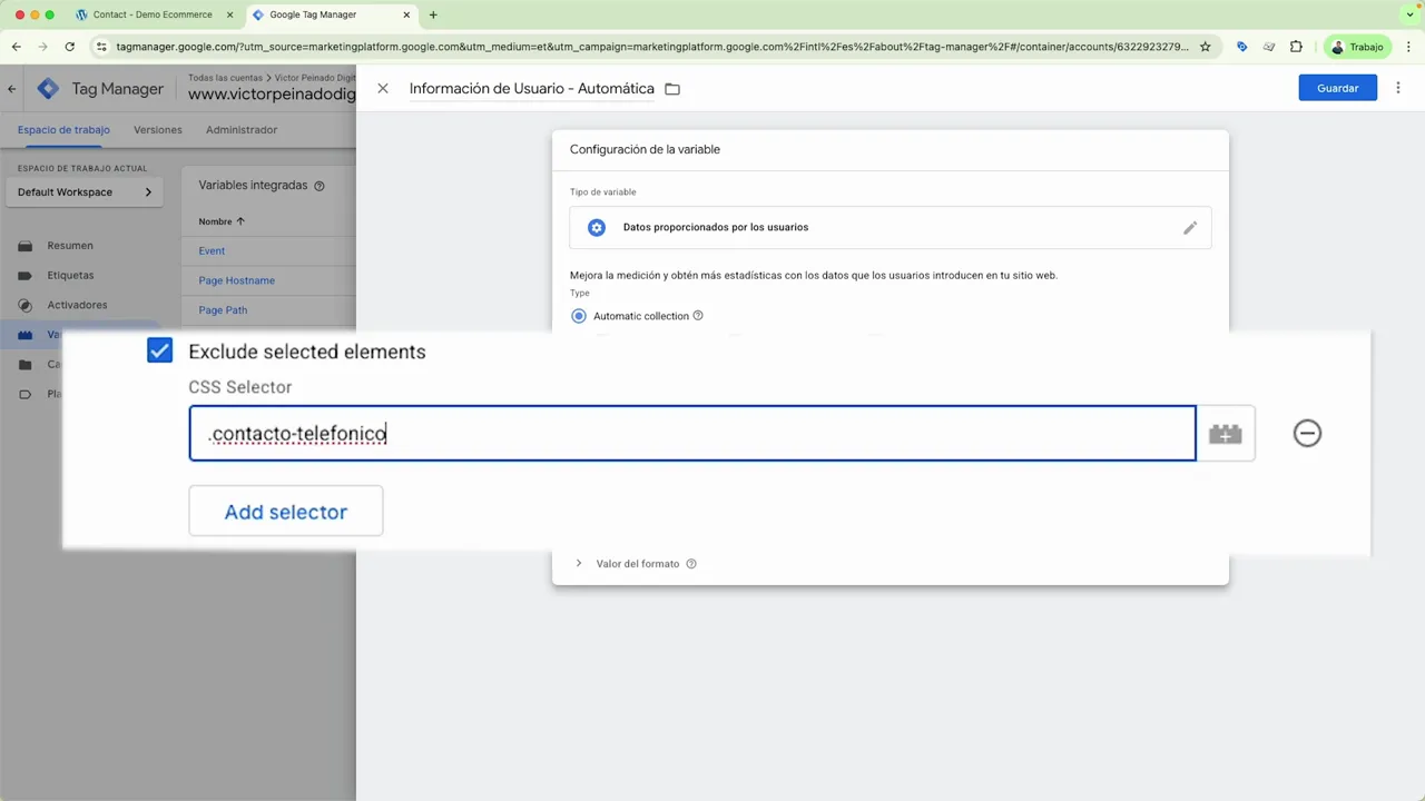 Campo 'CSS Selector' en Google Tag Manager con el selector .contacto-telefonico escrito