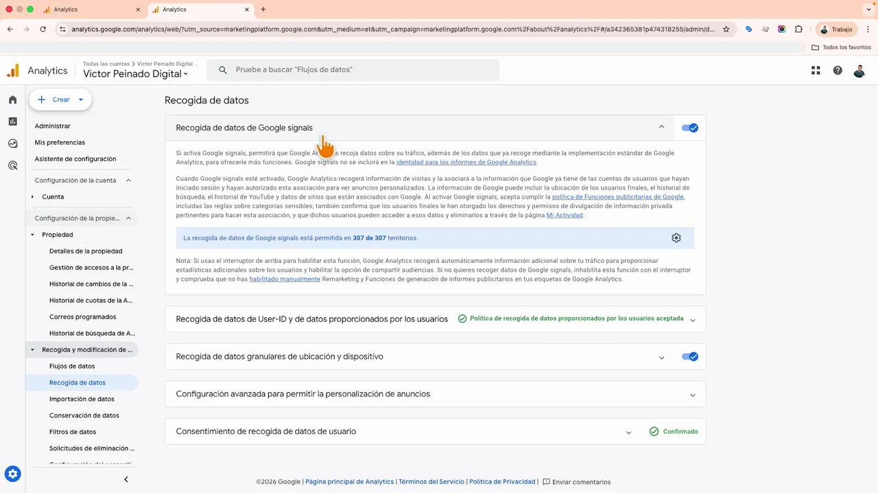 Pantalla de Recogida de datos en Google Analytics con la opción Google Signals visible y activable