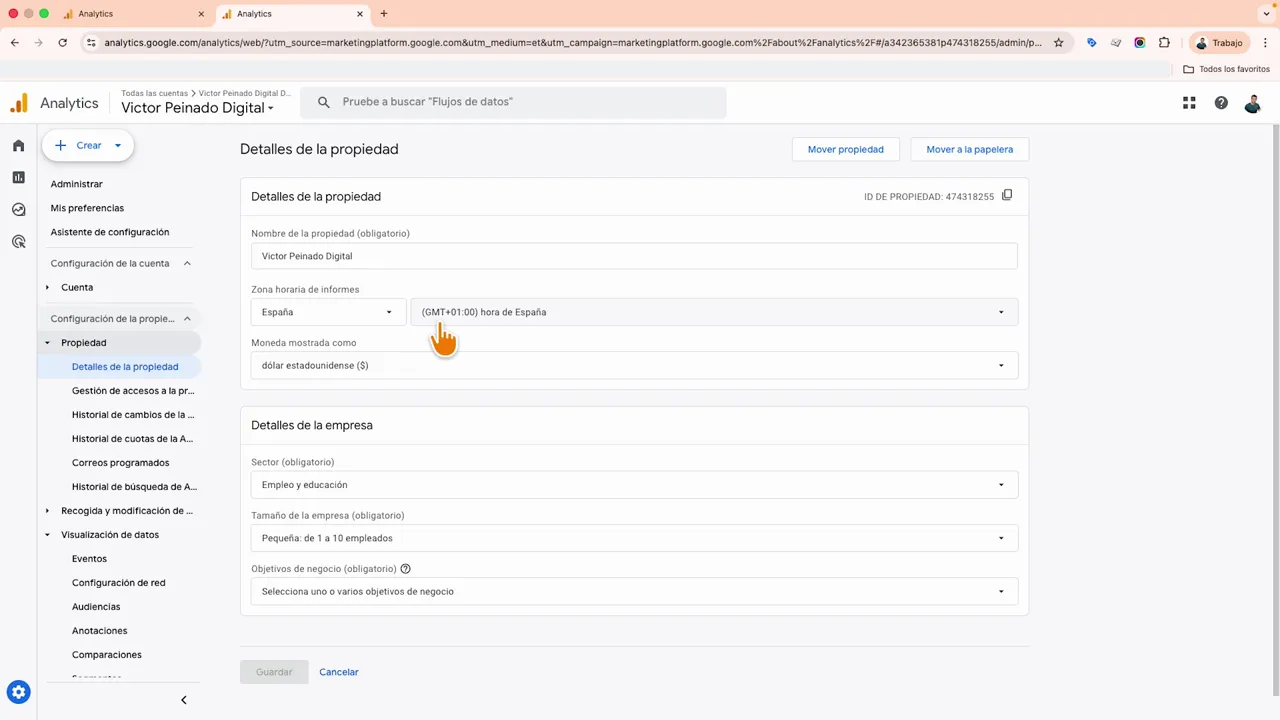 Formulario 'Detalles de la propiedad' en Google Analytics 4 con el selector de zona horaria activo.