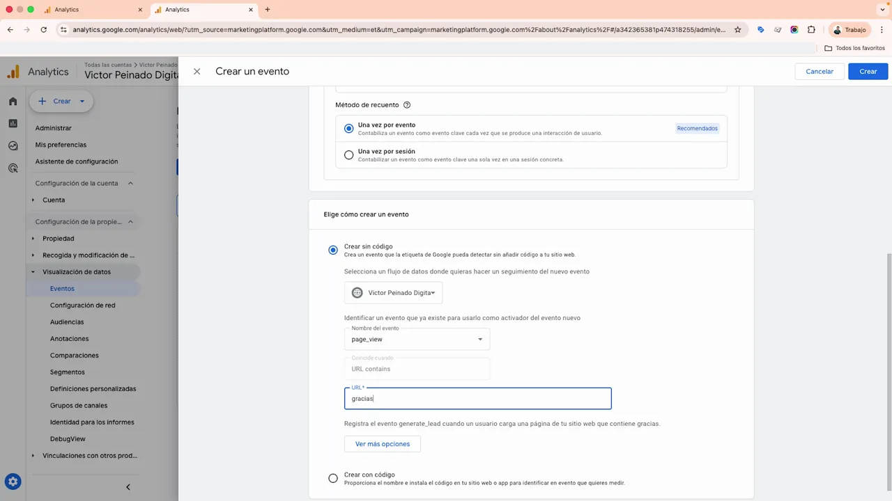 Crear evento en GA4 con el campo URL contiene configurado con 'gracias'