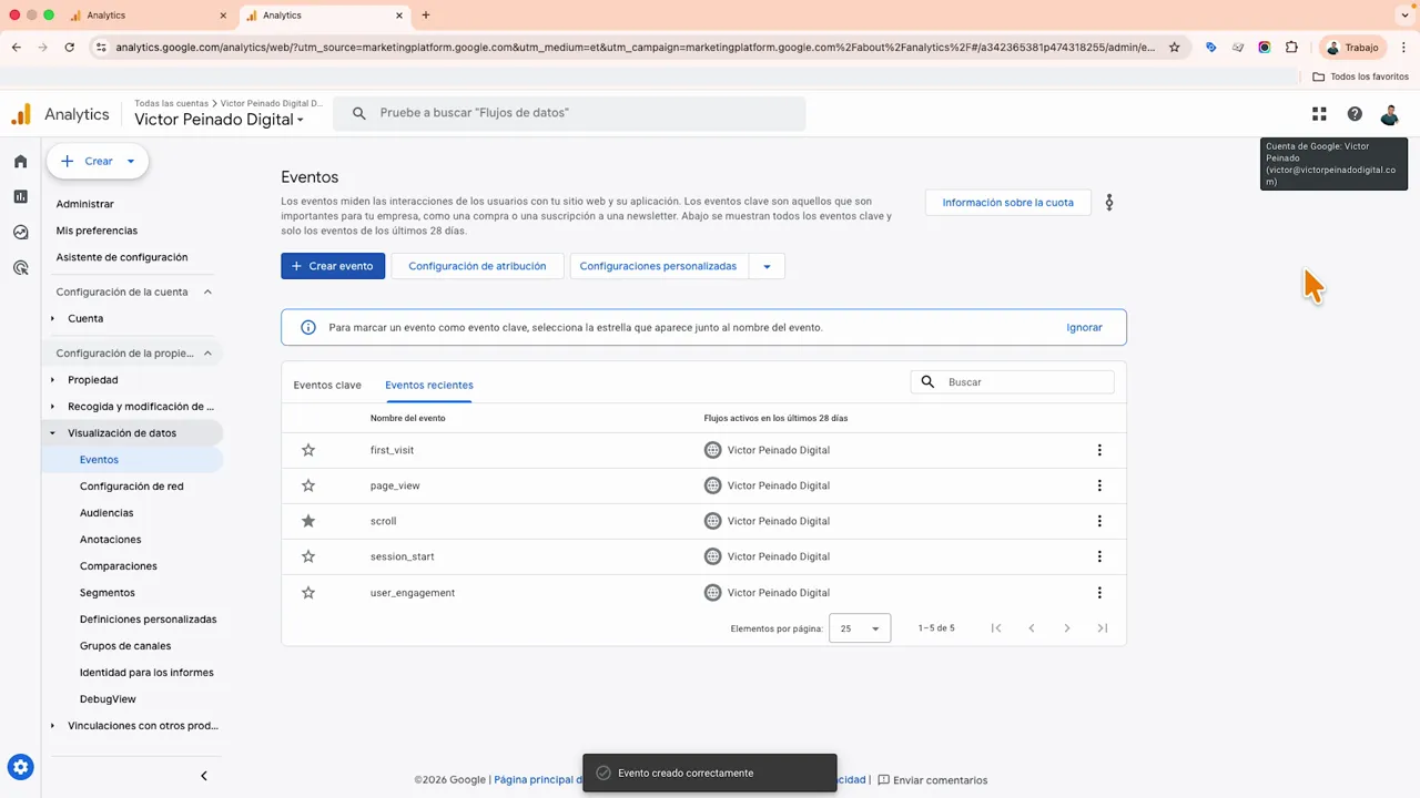 Interfaz de Google Analytics 4 mostrando la lista de eventos recientes y una notificación en pantalla 'Evento creado correctamente'.