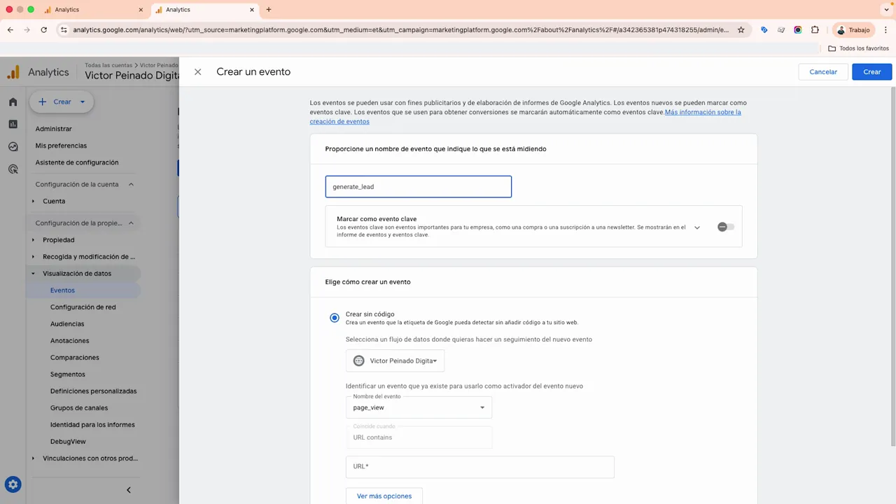 Formulario 'Crear un evento' en Google Analytics 4 con el nombre 'generate_lead' completado