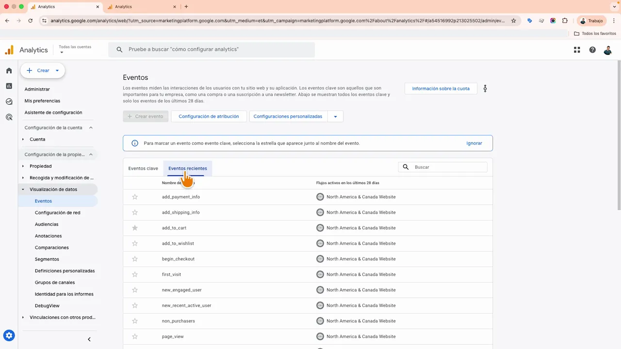 Pantalla de Google Analytics 4 mostrando la sección Eventos y la pestaña 'Eventos recientes' con una lista de nombres de eventos