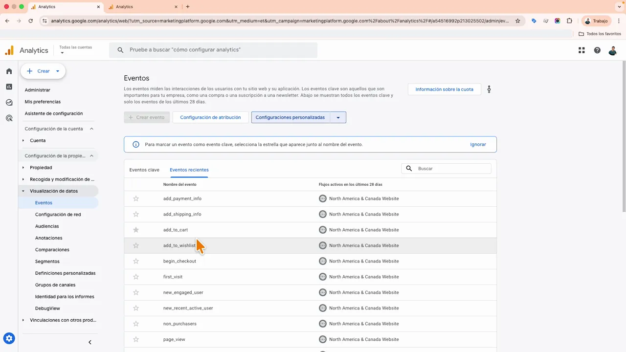 Lista de eventos en Google Analytics 4 con el cursor sobre 'add_to_wishlist' mostrando la columna de estrellas.
