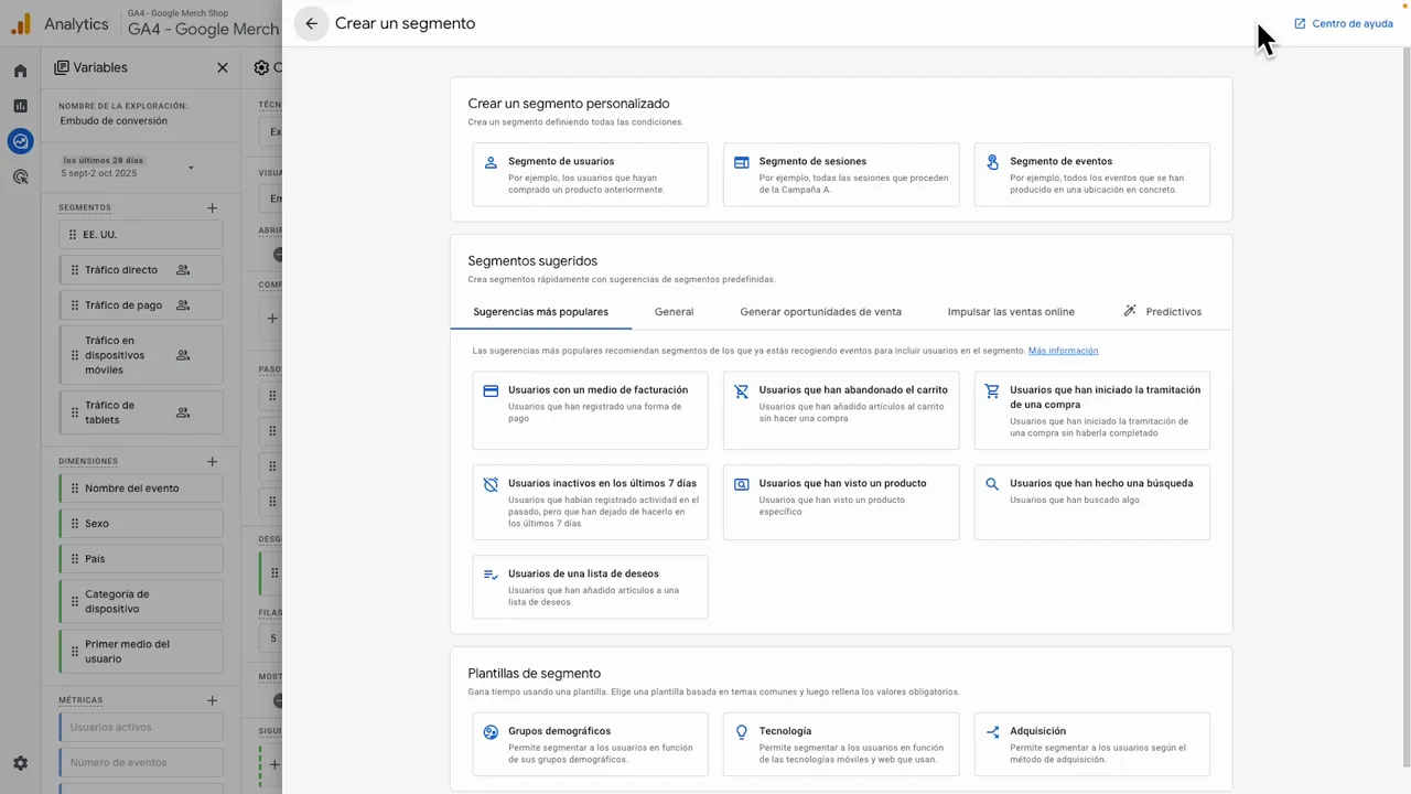 Sección Explorar en GA4 con opción de segmentos