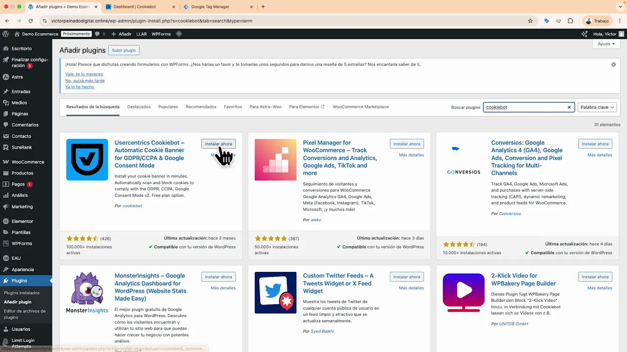 Página de añadir plugins en WordPress mostrando el plugin 'Usercentrics Cookiebot' con el botón 'Instalar ahora'.