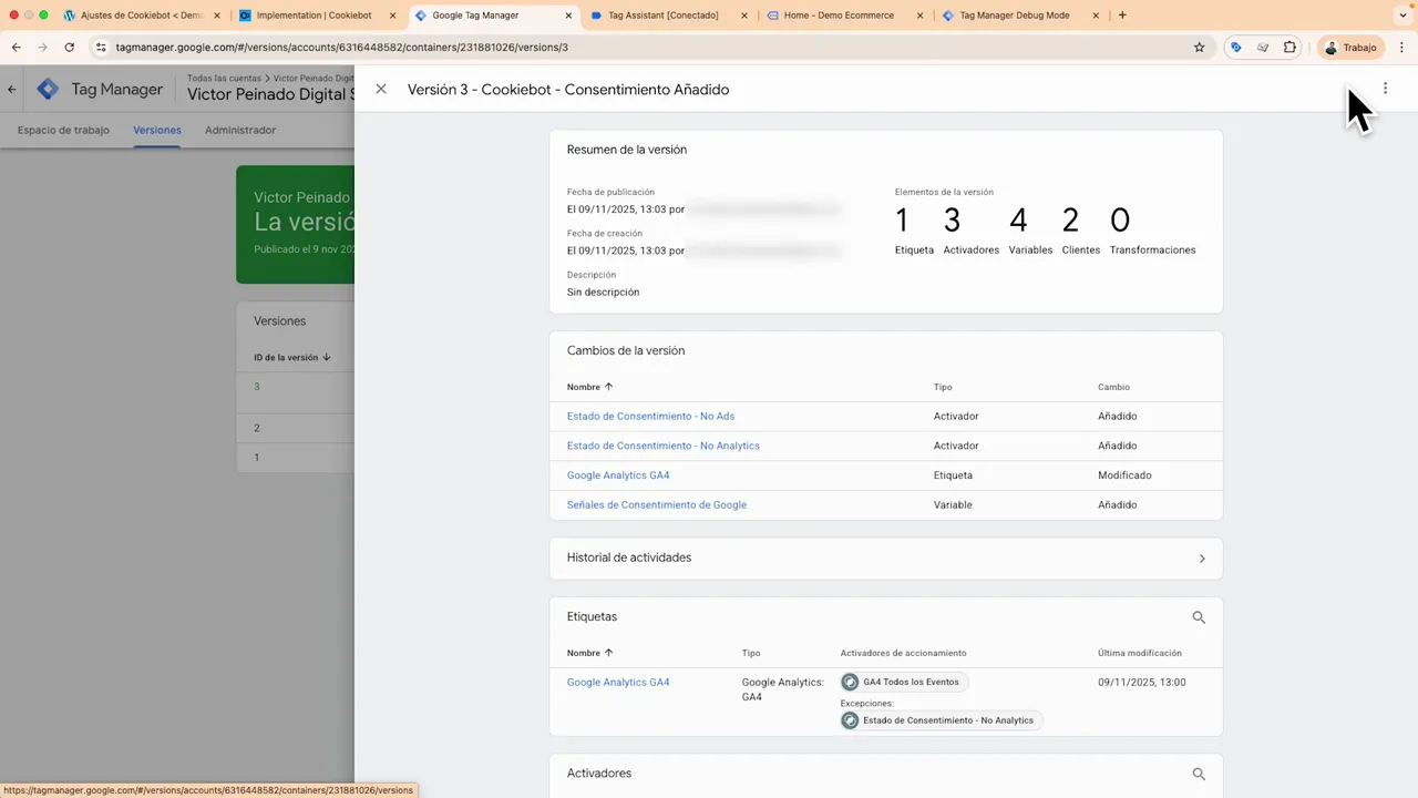 Resumen de versión publicada en Google Tag Manager mostrando 'Cookiebot - Consentimiento Añadido' y los elementos incluidos