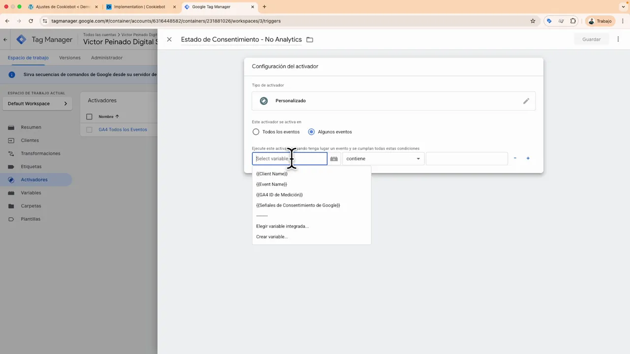Desplegable de variables en Google Tag Manager mostrando la opción '{{Señales de Consentimiento de Google}}' para usar en la condición del activador.