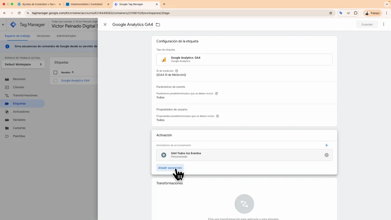 Panel de etiqueta GA4 en Google Tag Manager con el cursor sobre el enlace 'Añadir excepción'.
