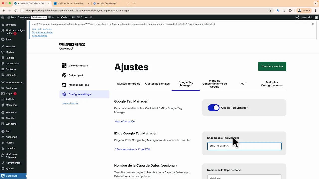 Campo ID de Google Tag Manager en ajustes de Cookiebot con interruptor de integración