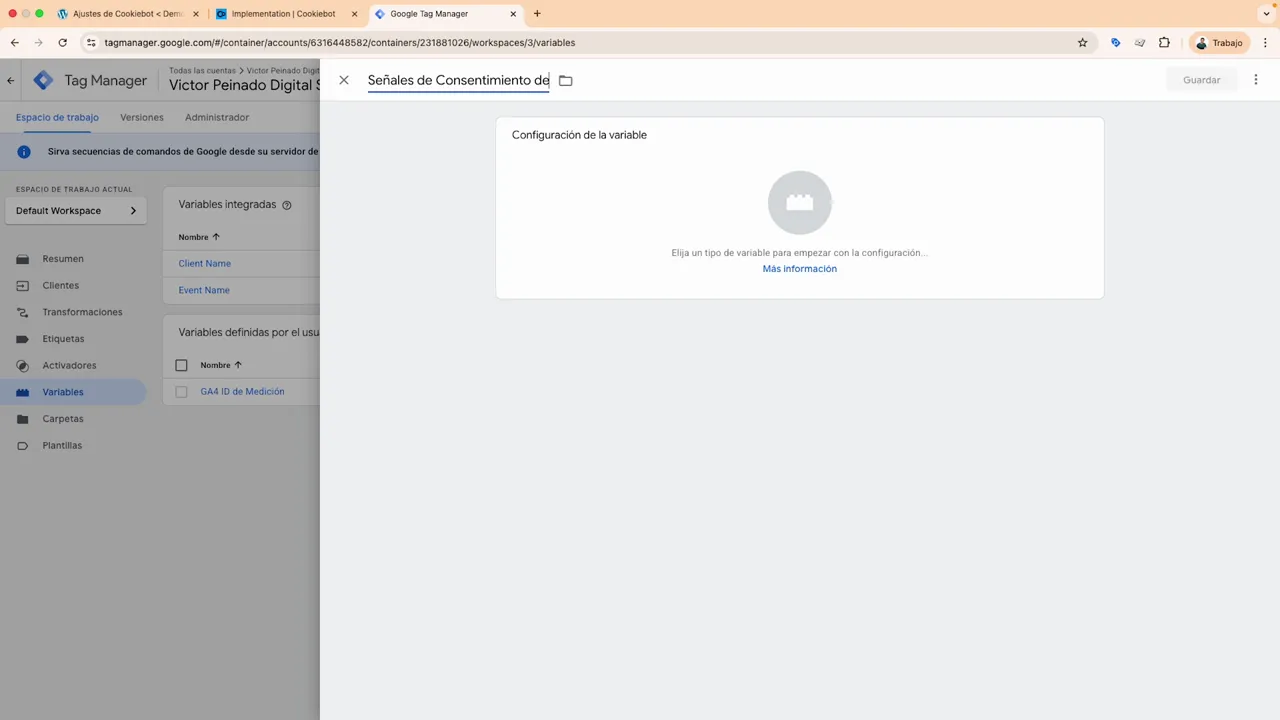 Modal de variable en Google Tag Manager con el título 'Señales de Consentimiento' listo para configurar la variable de datos de evento