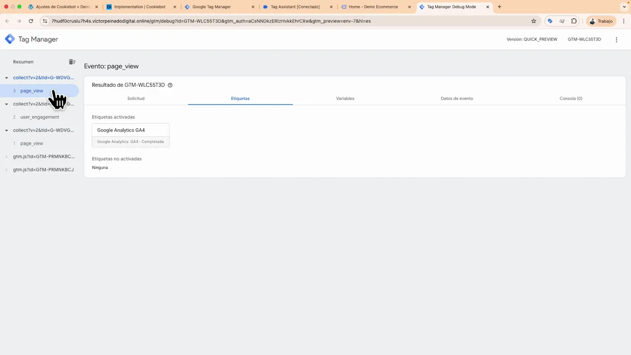 Depurador de Google Tag Manager mostrando Google Analytics GA4 como etiqueta activada