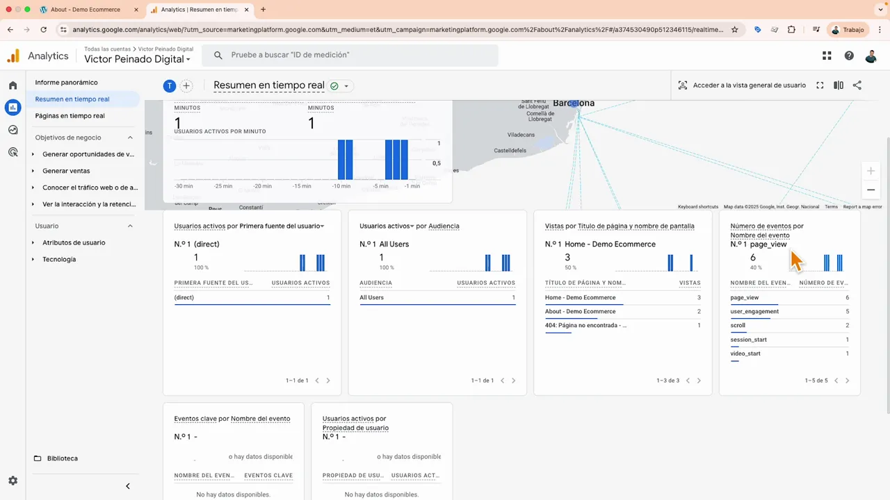 Tarjeta 'Número de eventos por Nombre del evento' en Resumen en tiempo real de Google Analytics mostrando lista de eventos