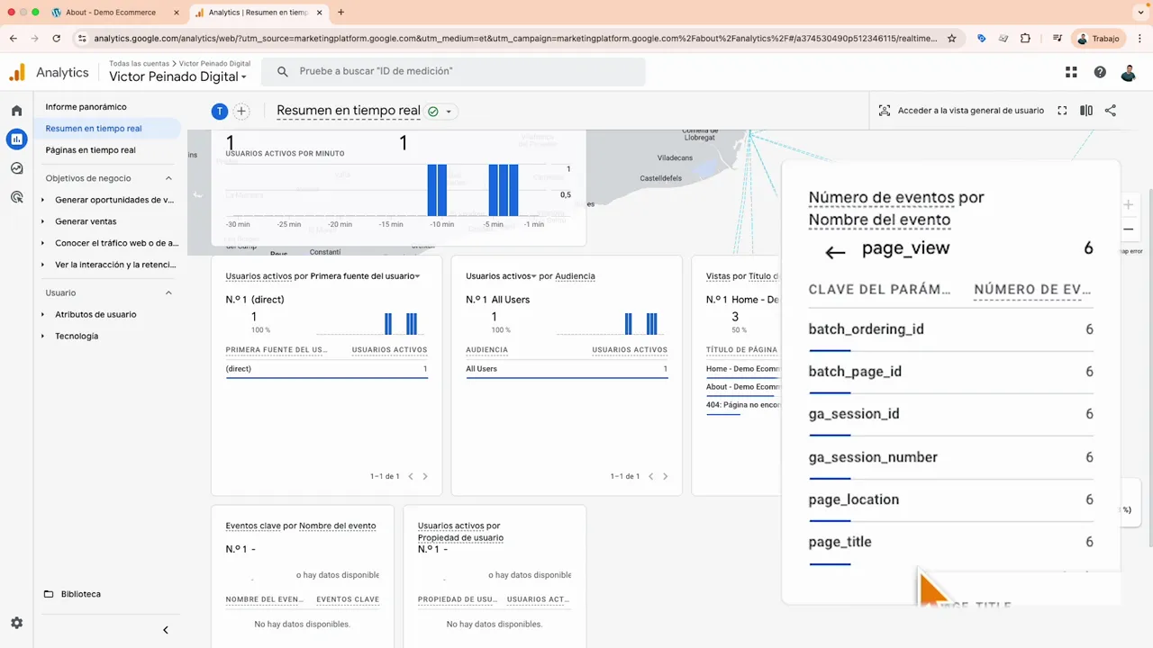 Tarjeta 'Número de eventos por Nombre del evento' mostrando parámetros (batch_ordering_id, ga_session_id, page_location, page_title) claramente