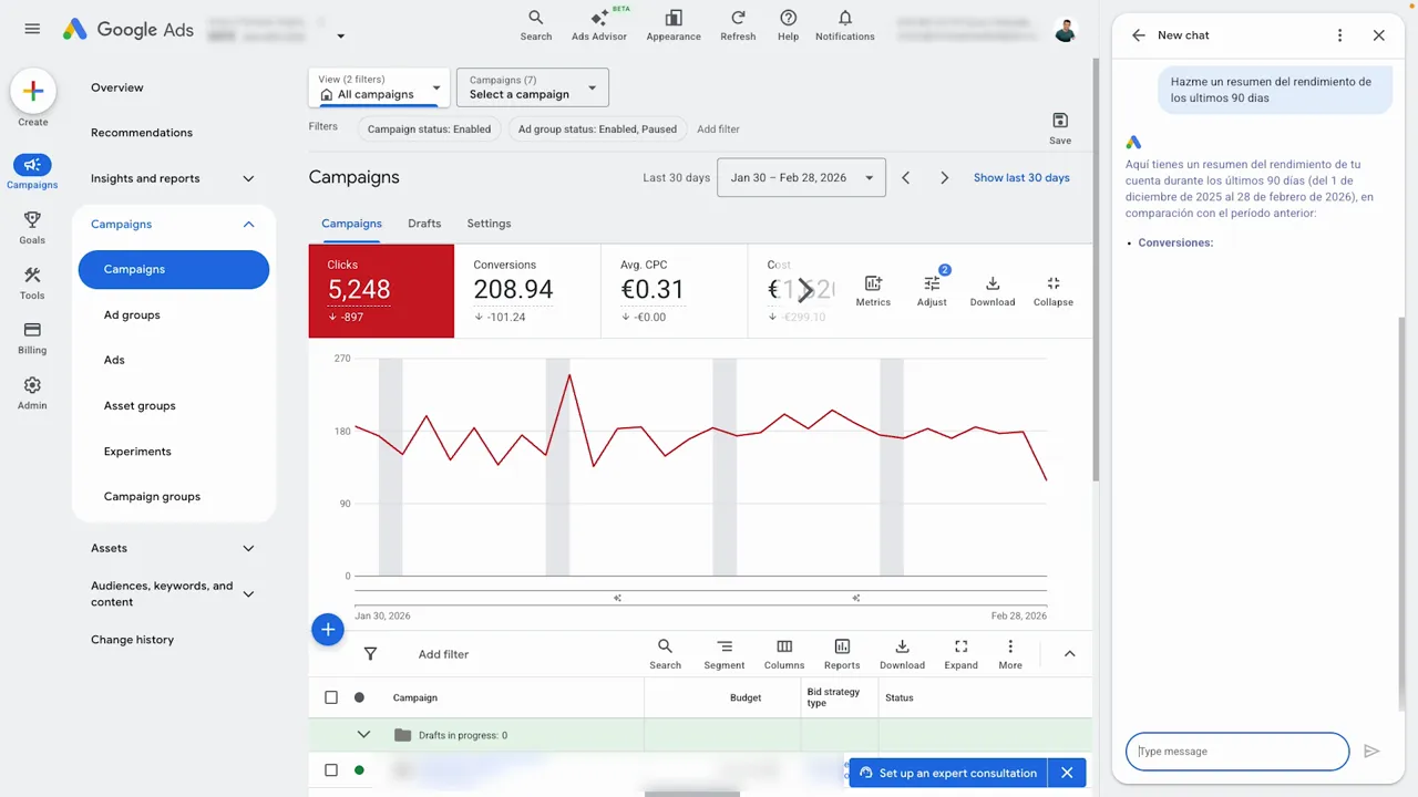 Resumen en español del rendimiento de la cuenta mostrado por el Asesor de Google Ads junto al panel de campañas