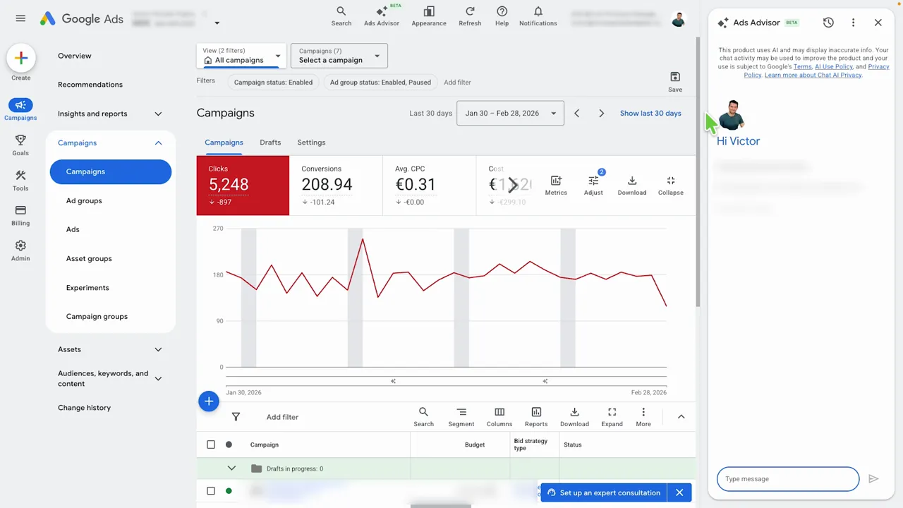 Captura de Google Ads con el Asesor de Google Ads IA abierto en el panel derecho mostrando el saludo 'Hi Victor' y el campo para escribir mensajes.