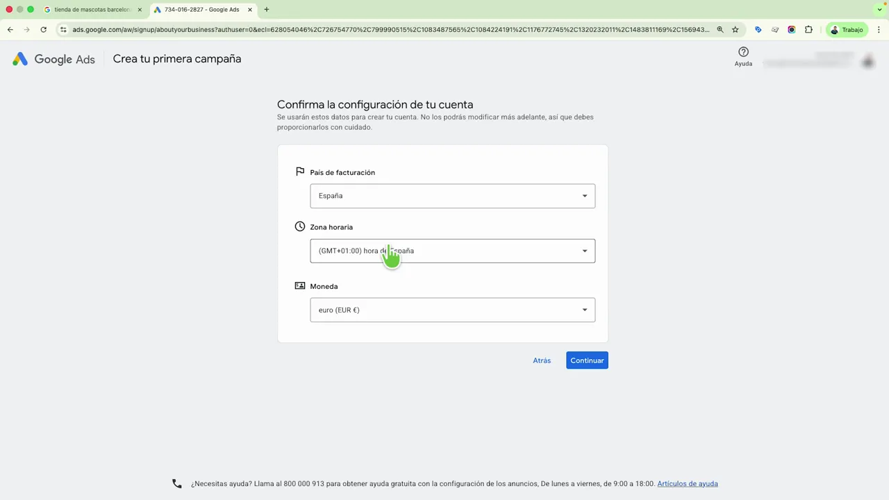 Confirmación de país de facturación, zona horaria y moneda en Google Ads