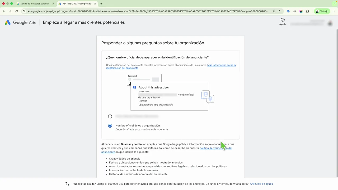 Google Ads: responder preguntas sobre tu organización y el nombre que se mostrará en anuncios