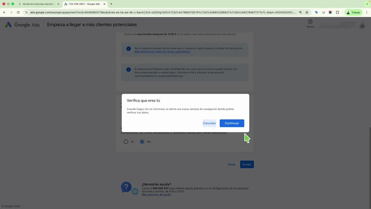 Google Ads mostrando la verificación 'Verifica que eres tú' antes de continuar