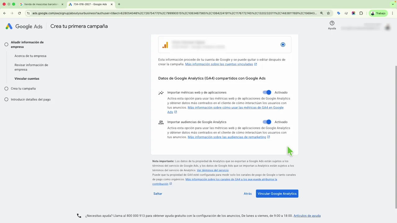 Vista completa del paso en Google Ads para vincular Google Analytics (GA4) y compartir datos