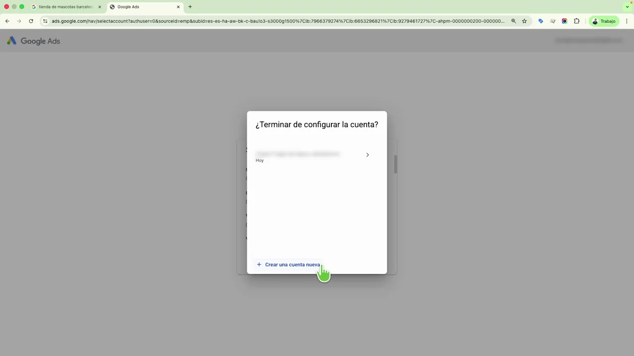 Diálogo en Google Ads “Terminar de configurar la cuenta” con opción para crear una cuenta nueva