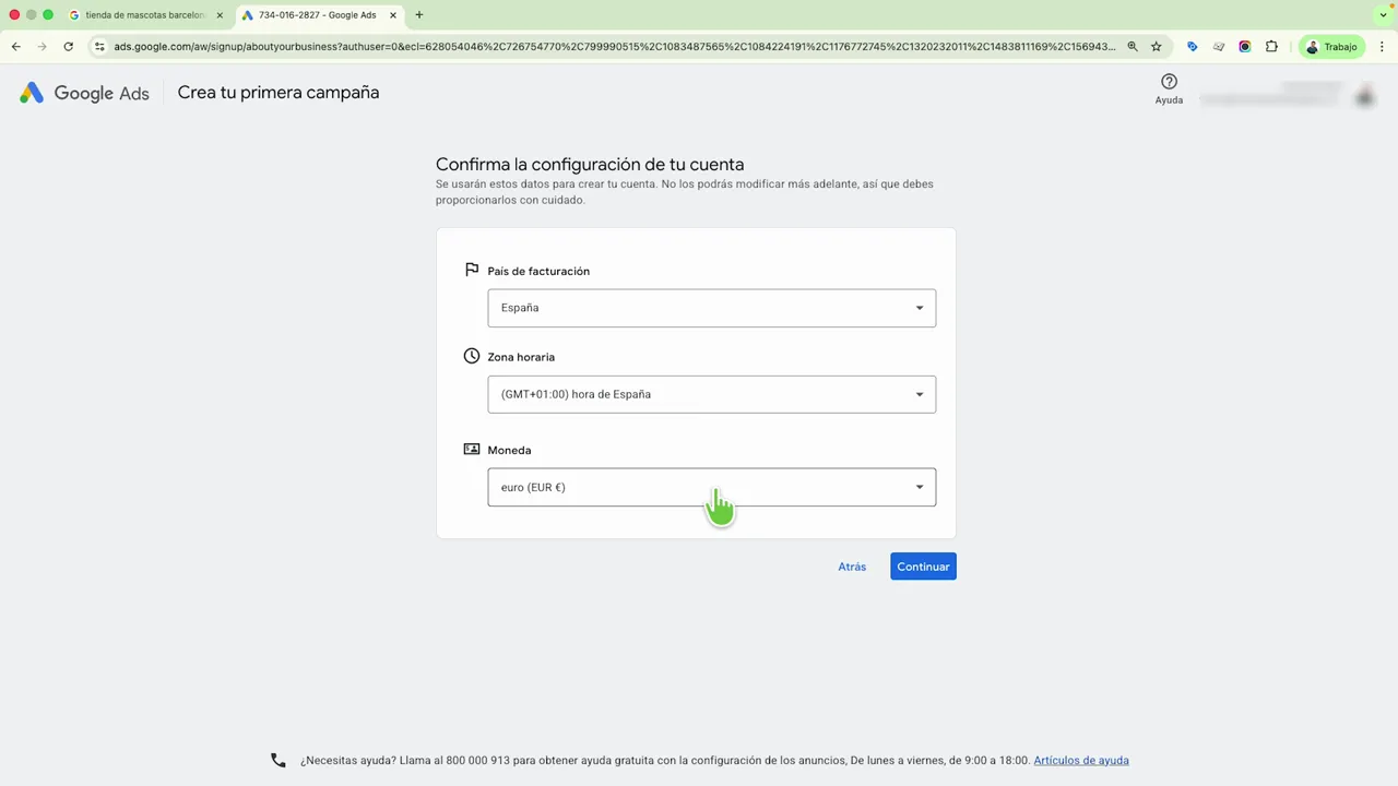 Google Ads: pantalla de confirmación de país de facturación, zona horaria y moneda